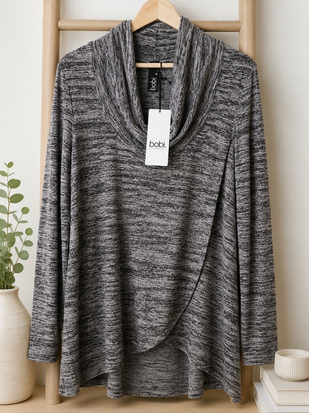Bobi Los Angeles Gray Cowl Neck Faux Wrap Draped Sweater Top S NWT